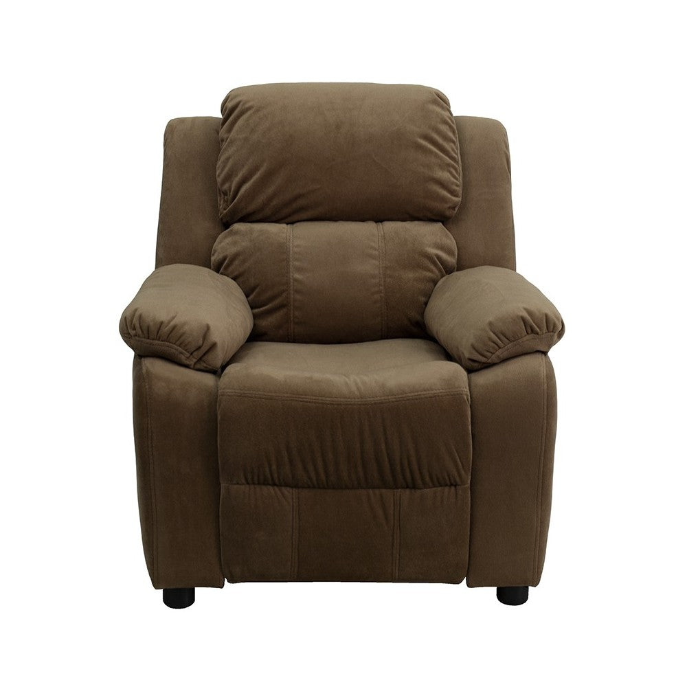 Deluxe Padded Contemporary Brown Microfiber Kids Recliner with Storage Arms