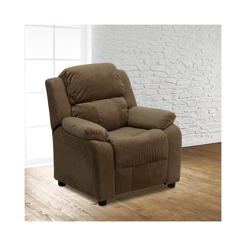 Deluxe Padded Contemporary Brown Microfiber Kids Recliner with Storage Arms