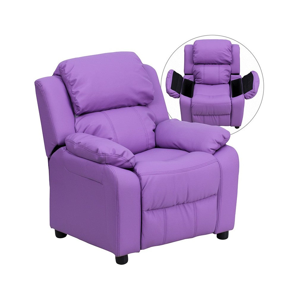 Deluxe Padded Contemporary Lavender Vinyl Kids Recliner with Storage Arms
