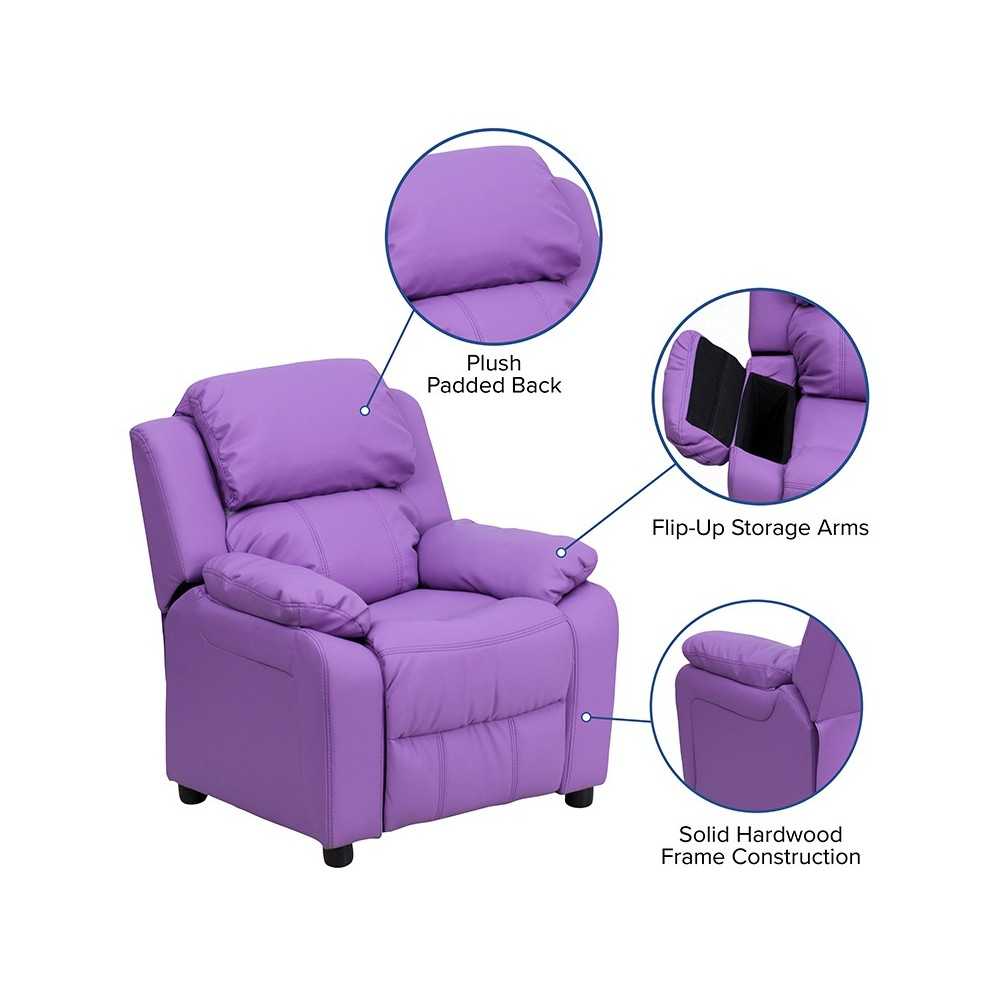 Deluxe Padded Contemporary Lavender Vinyl Kids Recliner with Storage Arms