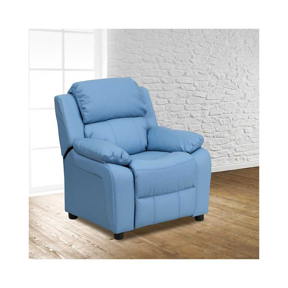 Deluxe Padded Contemporary Light Blue Vinyl Kids Recliner with Storage Arms