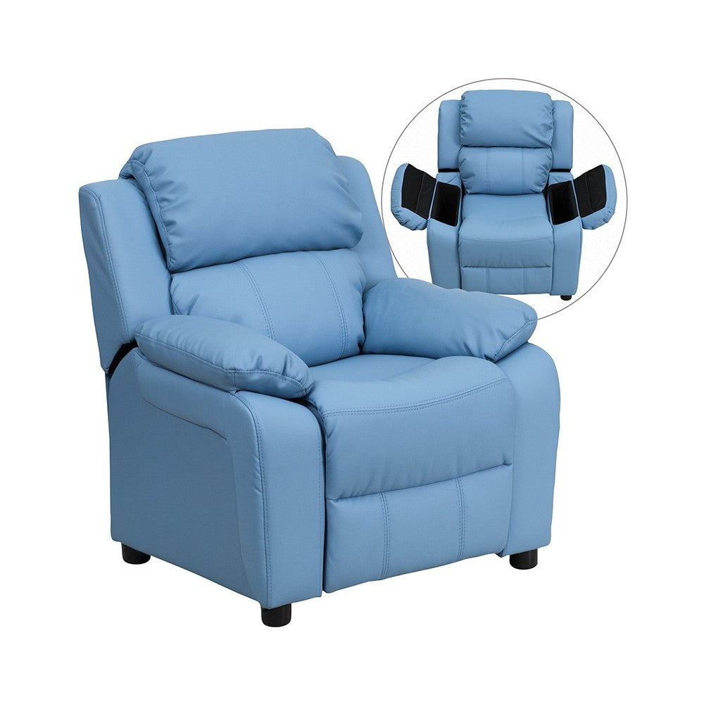 Deluxe Padded Contemporary Light Blue Vinyl Kids Recliner with Storage Arms
