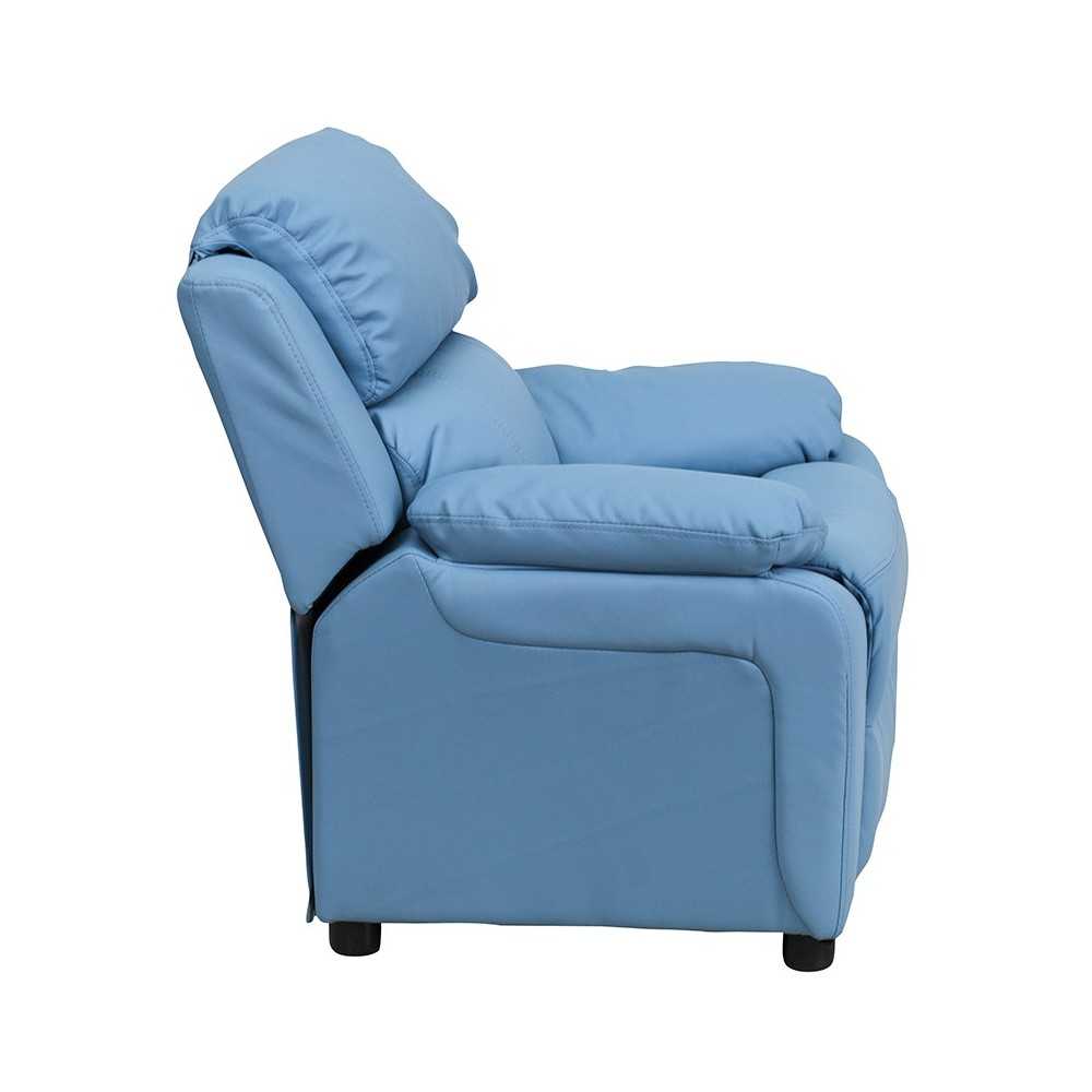 Deluxe Padded Contemporary Light Blue Vinyl Kids Recliner with Storage Arms