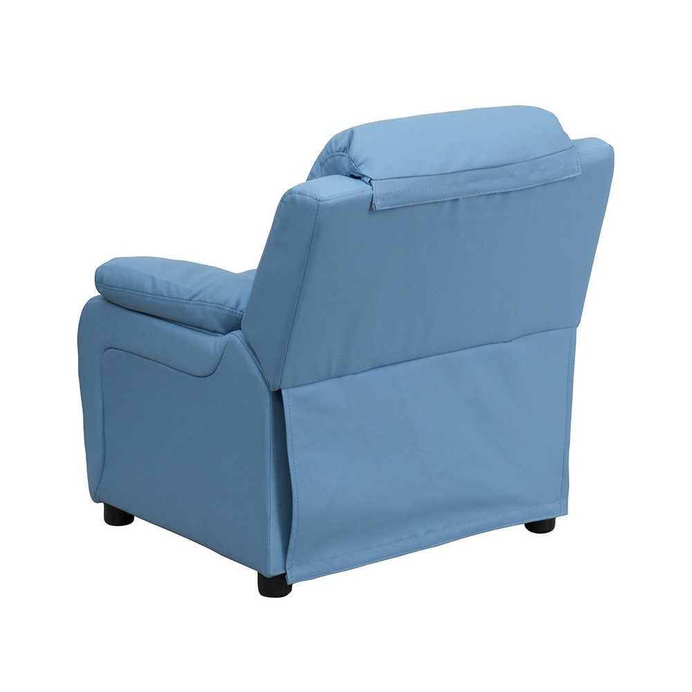 Deluxe Padded Contemporary Light Blue Vinyl Kids Recliner with Storage Arms