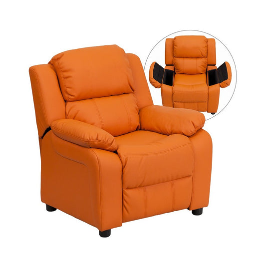 Deluxe Padded Contemporary Orange Vinyl Kids Recliner with Storage Arms