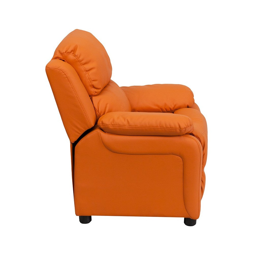 Deluxe Padded Contemporary Orange Vinyl Kids Recliner with Storage Arms