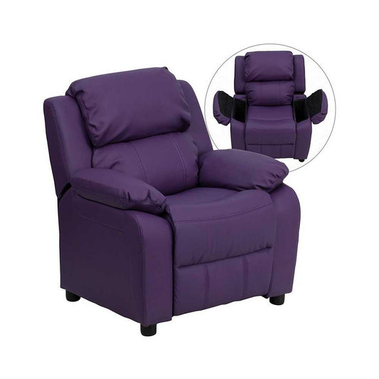 Deluxe Padded Contemporary Purple Vinyl Kids Recliner with Storage Arms