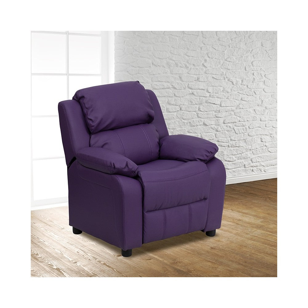 Deluxe Padded Contemporary Purple Vinyl Kids Recliner with Storage Arms
