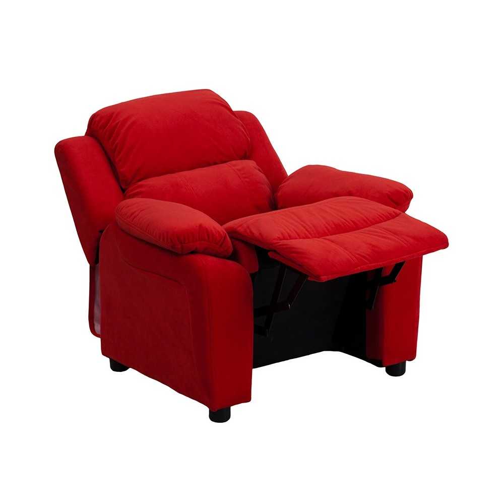 Deluxe Padded Contemporary Red Microfiber Kids Recliner with Storage Arms