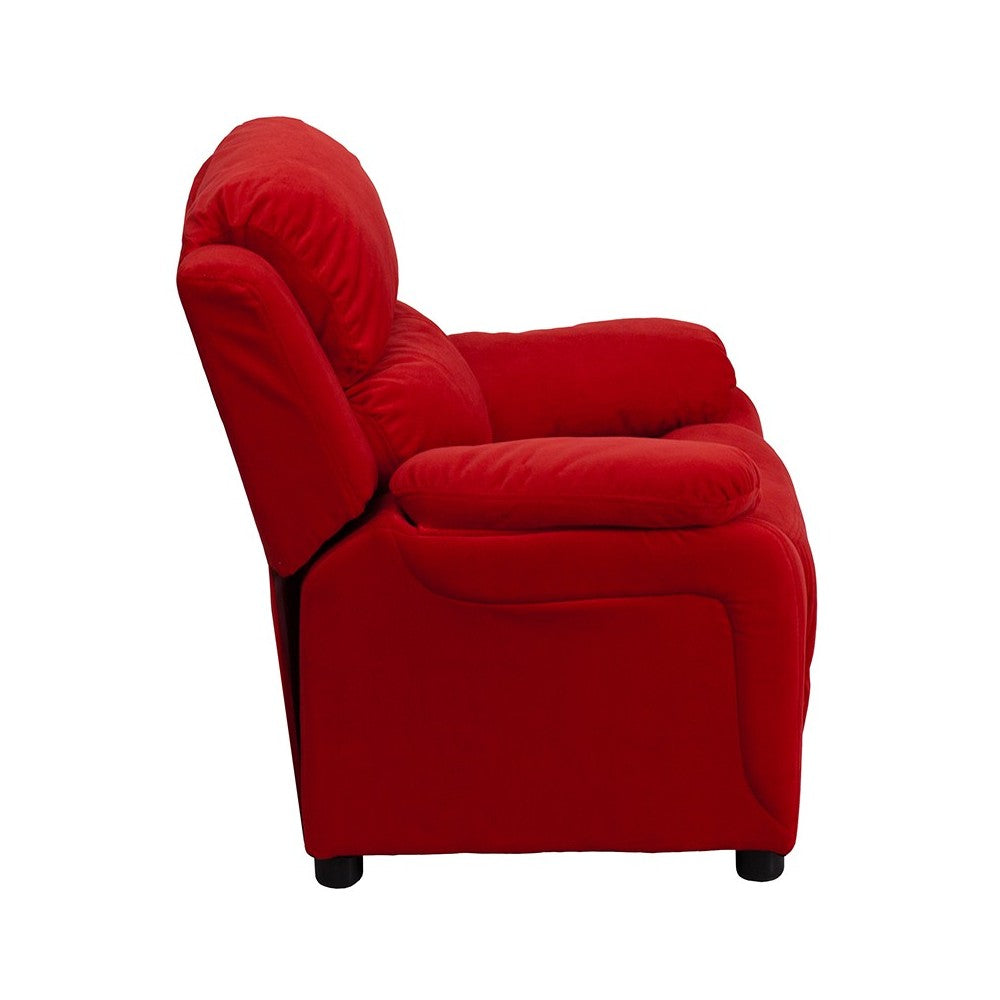 Deluxe Padded Contemporary Red Microfiber Kids Recliner with Storage Arms
