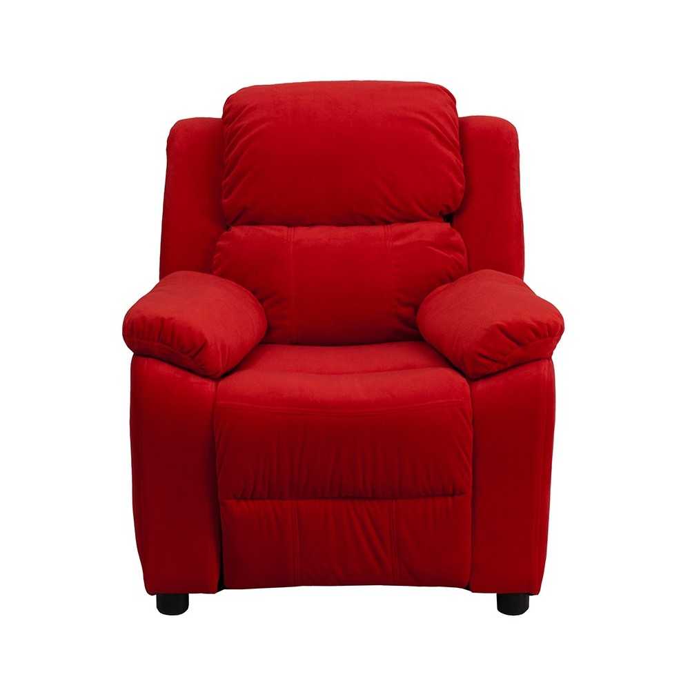 Deluxe Padded Contemporary Red Microfiber Kids Recliner with Storage Arms