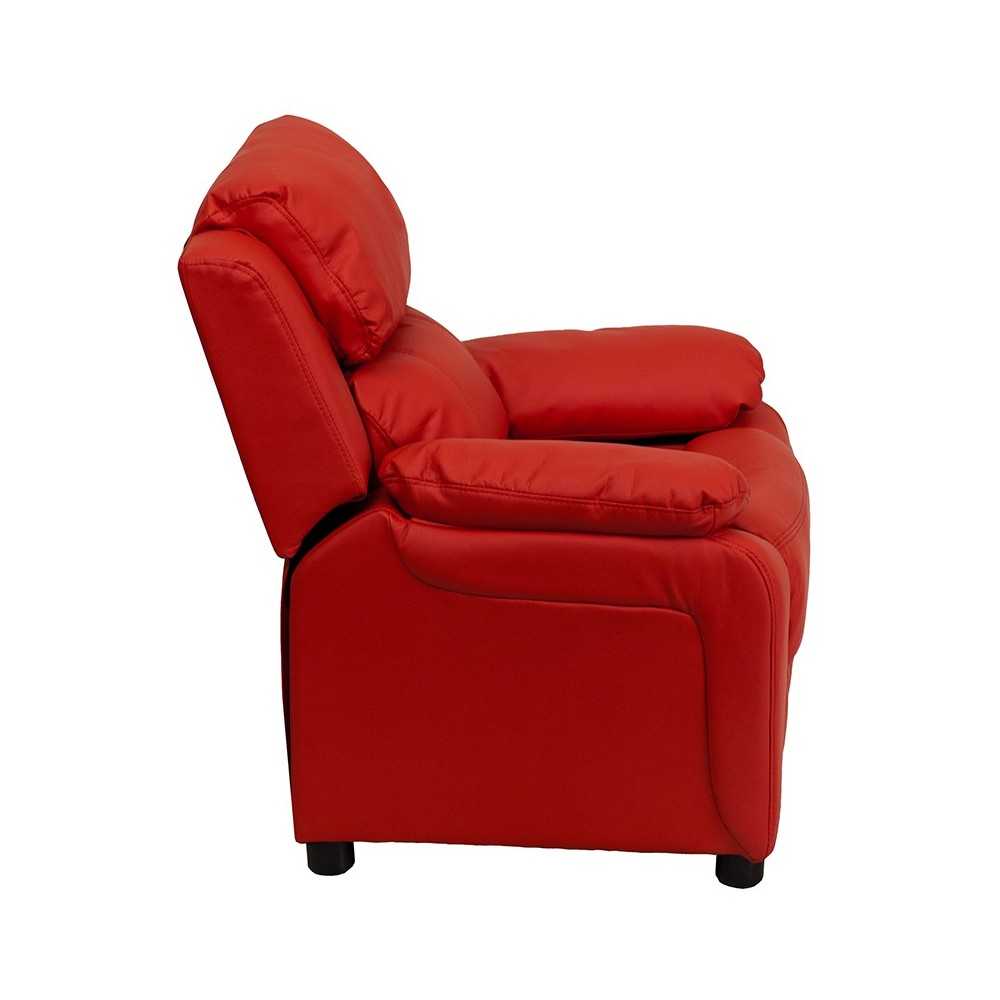 Deluxe Padded Contemporary Red Vinyl Kids Recliner with Storage Arms
