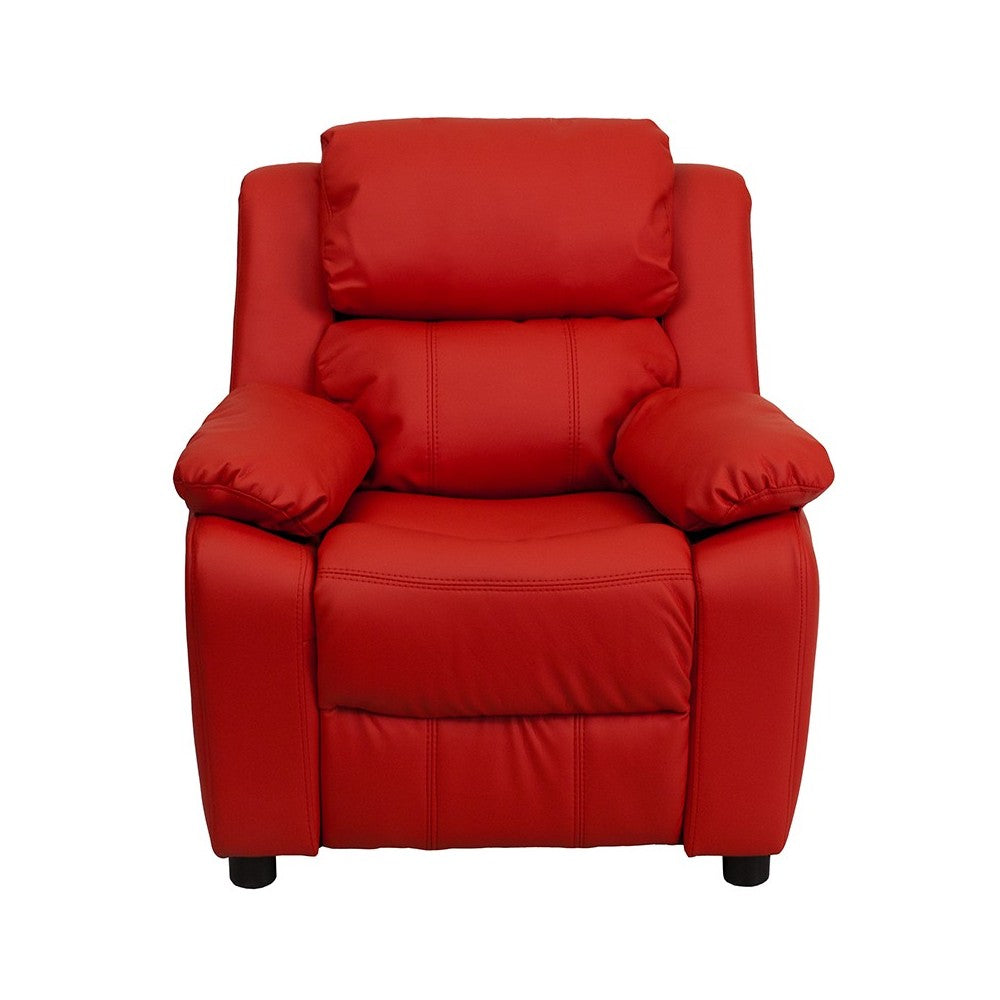 Deluxe Padded Contemporary Red Vinyl Kids Recliner with Storage Arms