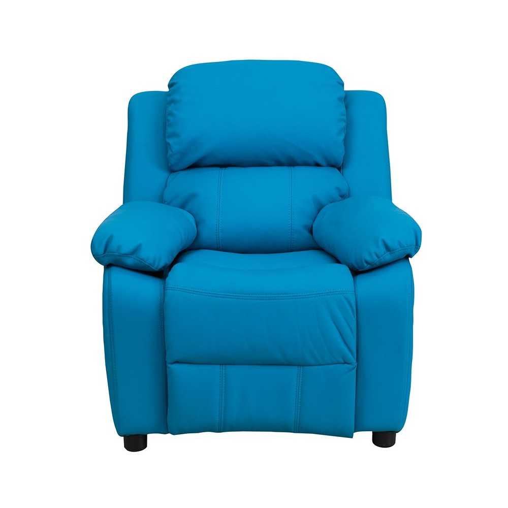 Deluxe Padded Contemporary Turquoise Vinyl Kids Recliner with Storage Arms