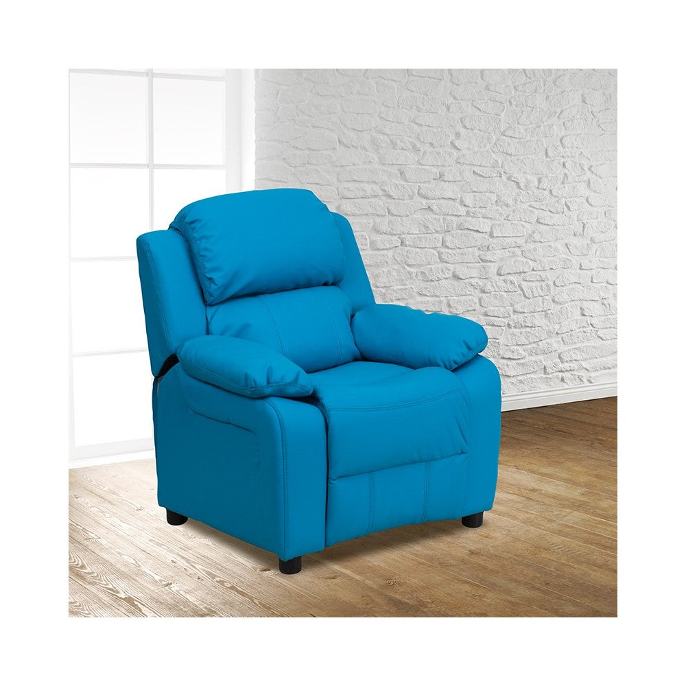 Deluxe Padded Contemporary Turquoise Vinyl Kids Recliner with Storage Arms