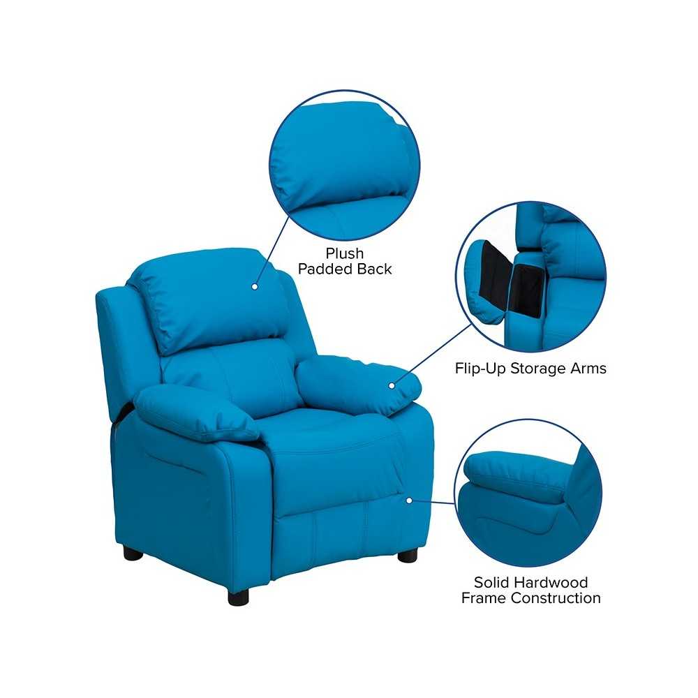 Deluxe Padded Contemporary Turquoise Vinyl Kids Recliner with Storage Arms