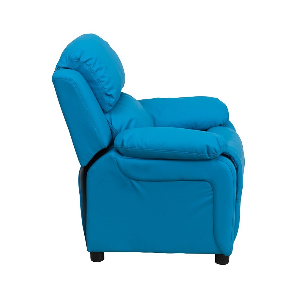 Deluxe Padded Contemporary Turquoise Vinyl Kids Recliner with Storage Arms