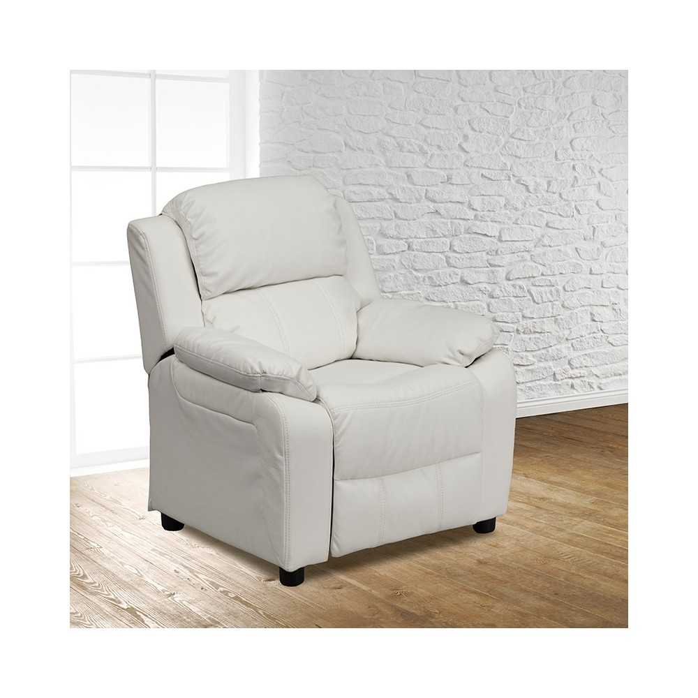 Deluxe Padded Contemporary White Vinyl Kids Recliner with Storage Arms