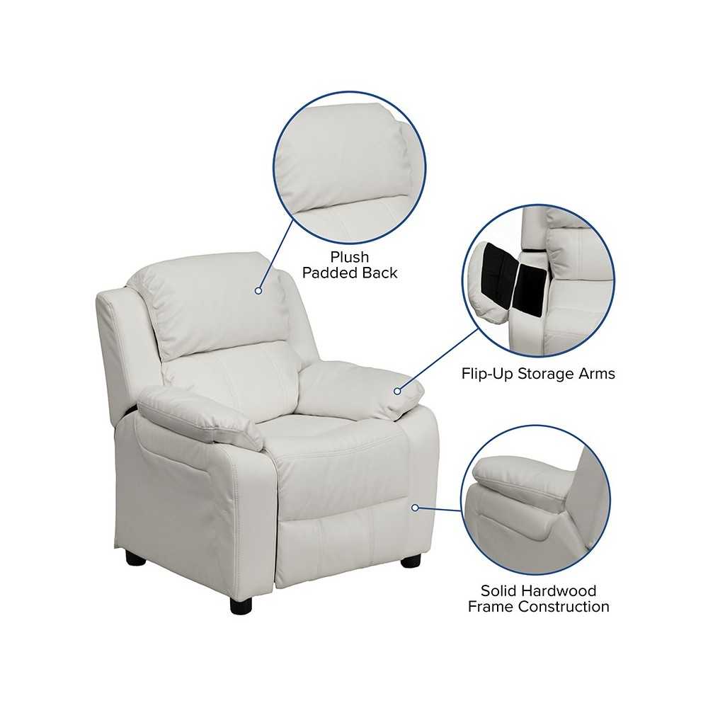 Deluxe Padded Contemporary White Vinyl Kids Recliner with Storage Arms