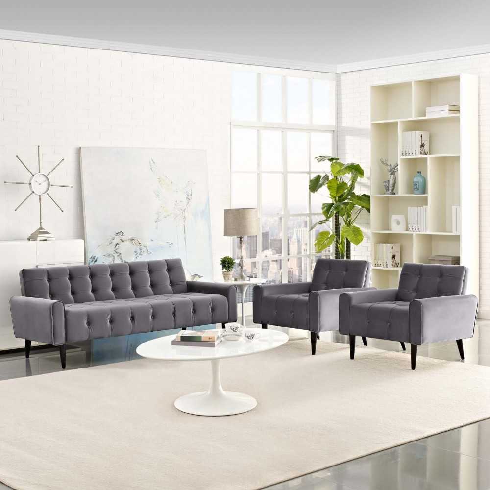 Delve Living Room Set Performance Velvet Set of 3, Gray, EEI-2970-GRY-SET