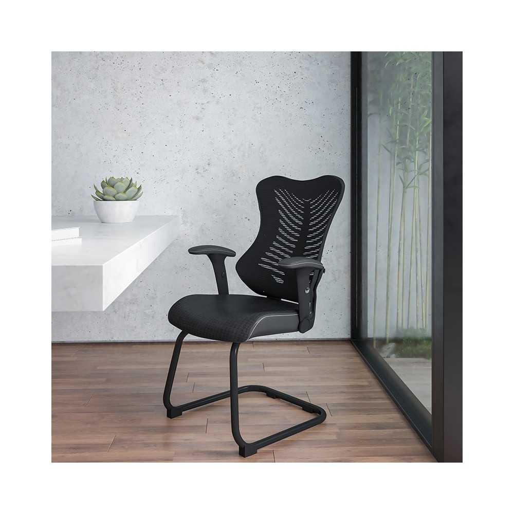 Designer Black Mesh Sled Base Side Reception Chair with Adjustable Arms