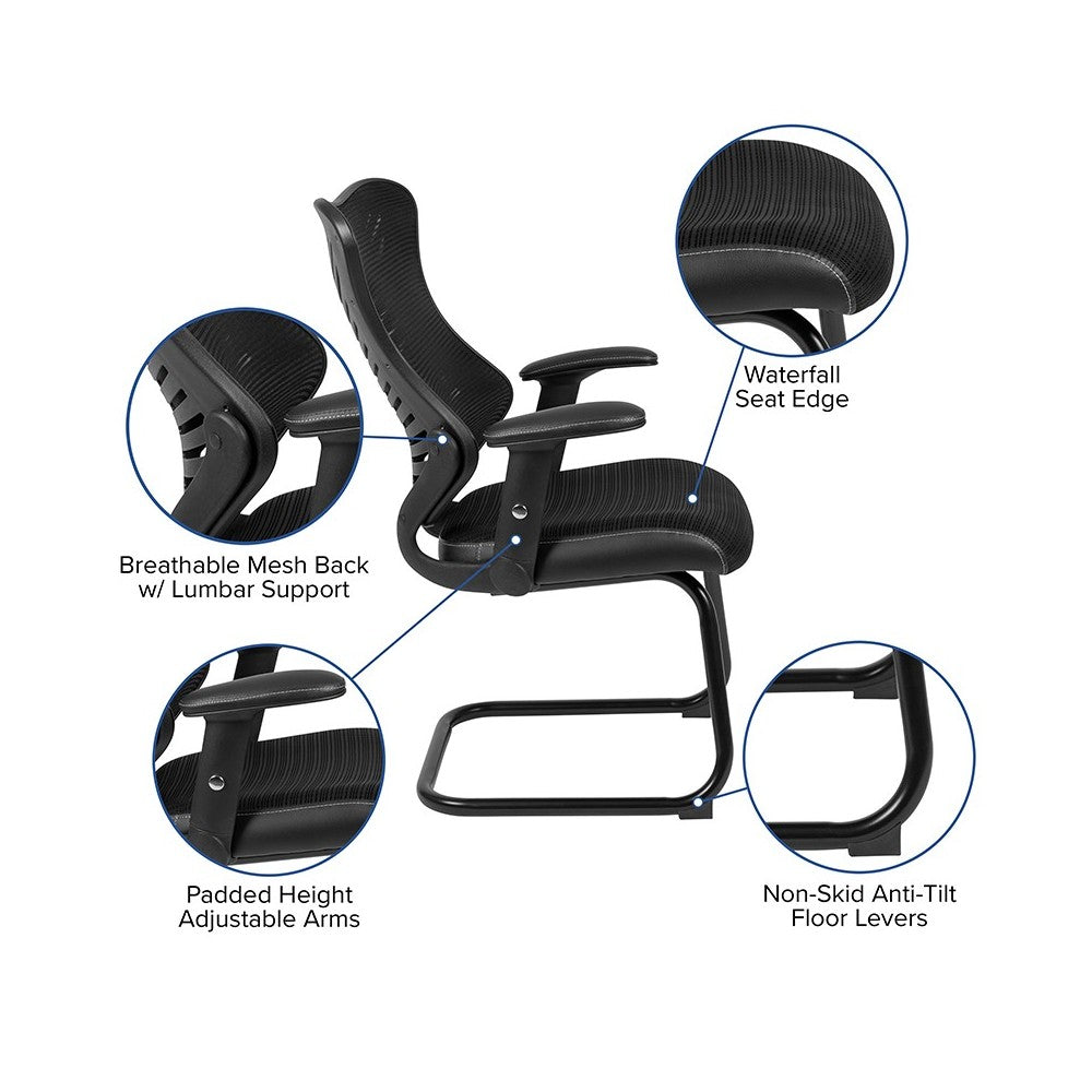 Designer Black Mesh Sled Base Side Reception Chair with Adjustable Arms