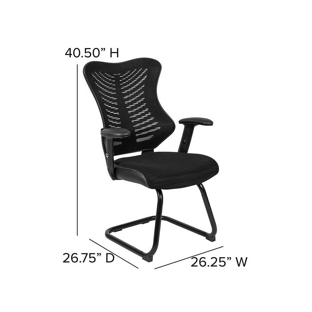 Designer Black Mesh Sled Base Side Reception Chair with Adjustable Arms