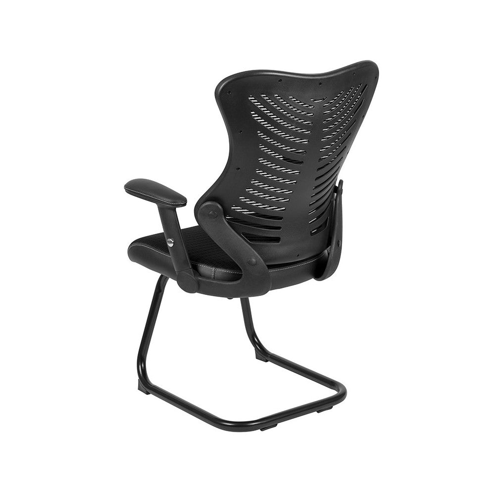 Designer Black Mesh Sled Base Side Reception Chair with Adjustable Arms