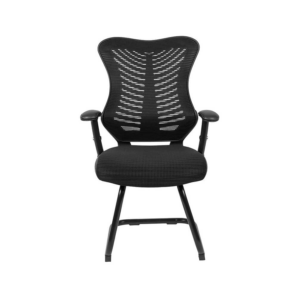 Designer Black Mesh Sled Base Side Reception Chair with Adjustable Arms