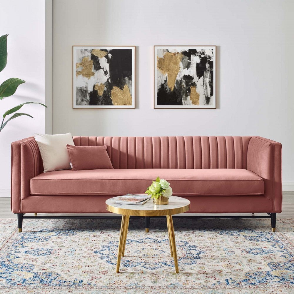 Devote Channel Tufted Performance Velvet Sofa, Dusty Rose