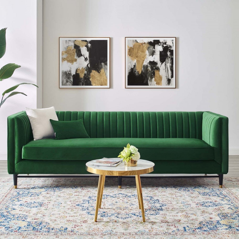 Devote Channel Tufted Performance Velvet Sofa, Emerald