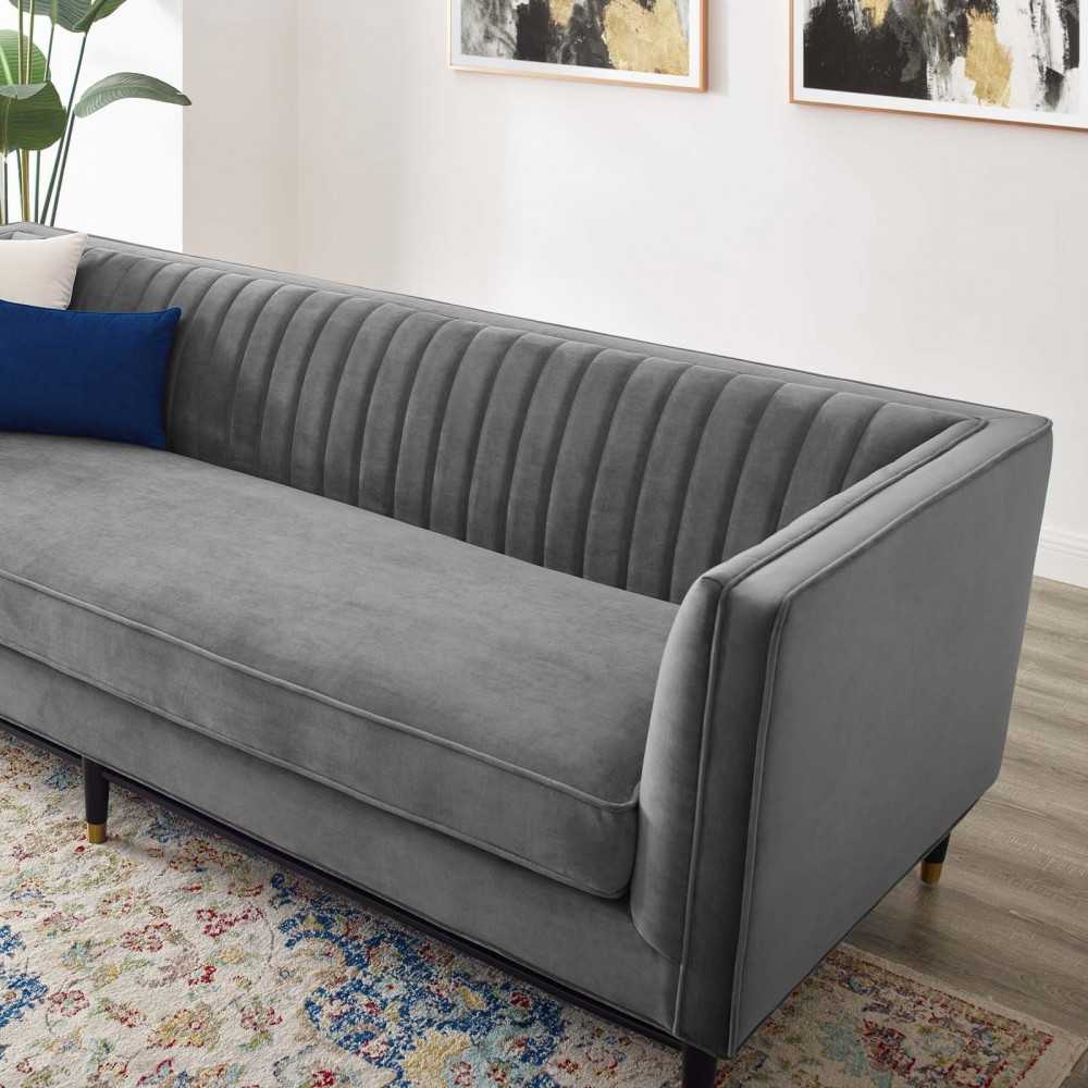 Devote Channel Tufted Performance Velvet Sofa, Gray