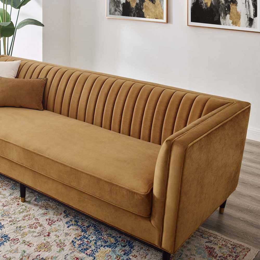 Devote Channel Tufted Performance Velvet Sofa, Cognac