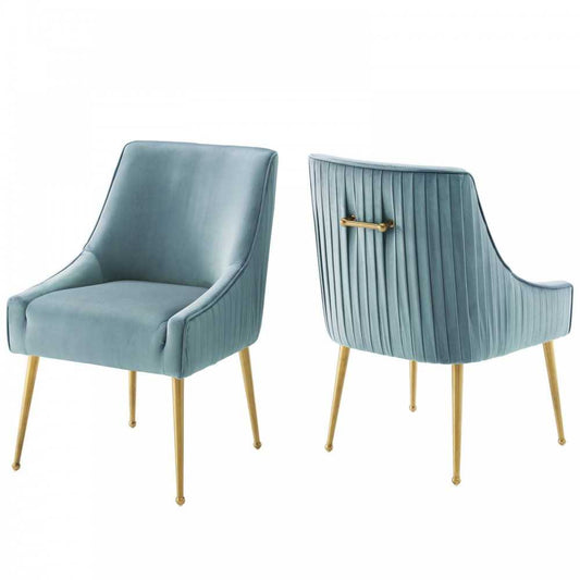 Discern Pleated Back Upholstered Performance Velvet Dining Chair Set of 2, Light Blue