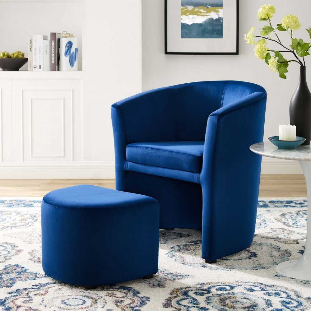 Divulge Performance Velvet Arm Chair and Ottoman Set, Navy