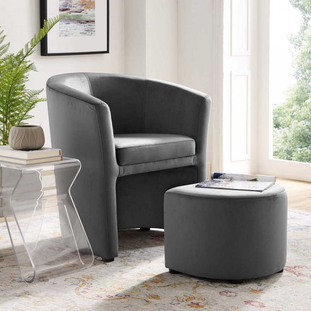 Divulge Performance Velvet Arm Chair and Ottoman Set, Gray
