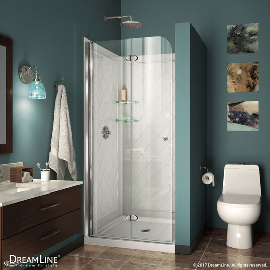 DreamLine Aqua Fold 36 in. D x 36 in. W x 76 3/4 in. H Frameless Bi-Fold Shower Door in Chrome with White Base and Backwall Kit