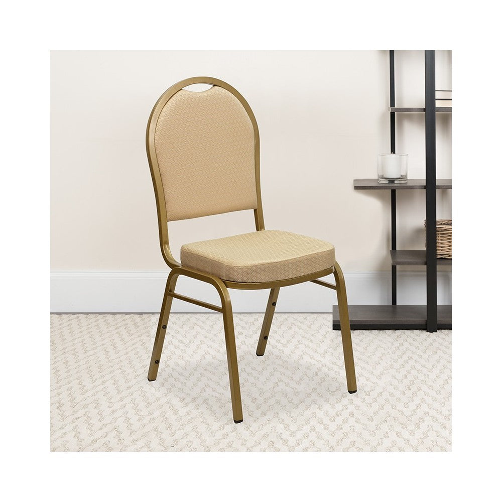 Dome Back Stacking Banquet Chair in Beige Patterned Fabric - Gold Frame