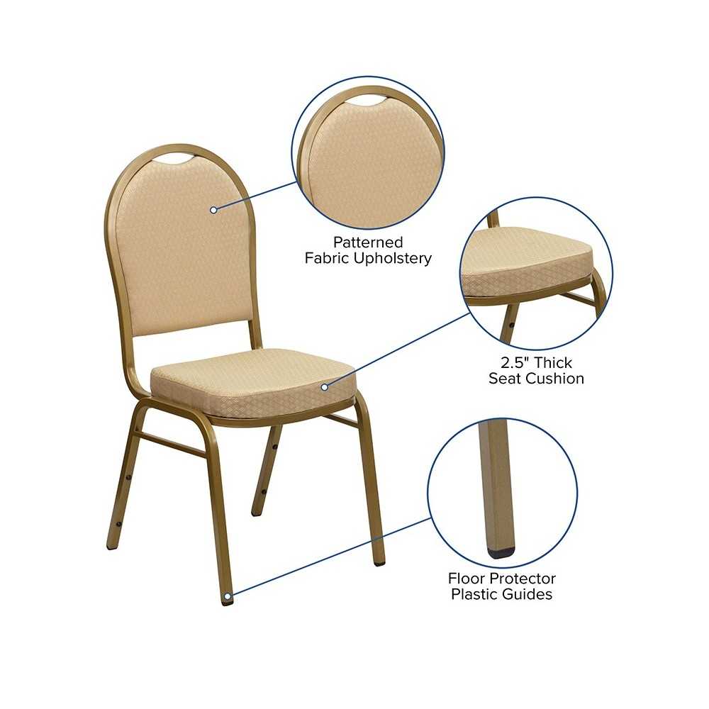 Dome Back Stacking Banquet Chair in Beige Patterned Fabric - Gold Frame