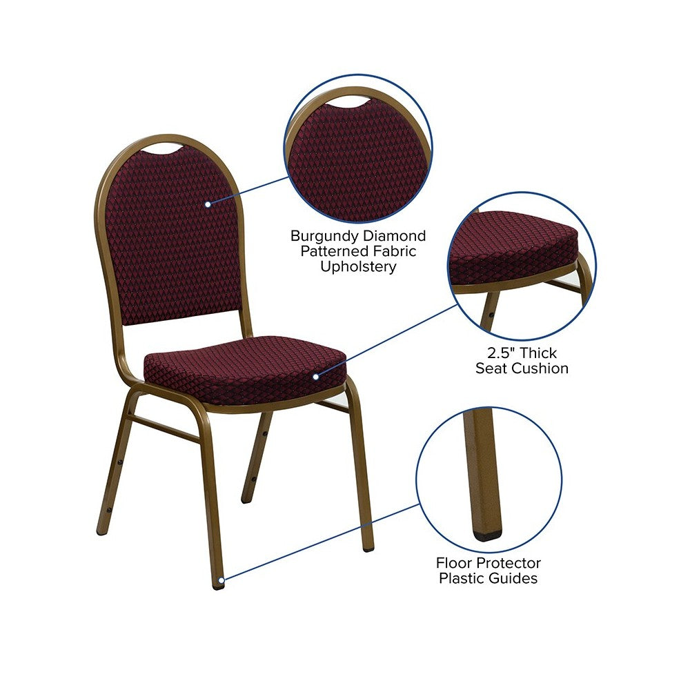 Dome Back Stacking Banquet Chair in Burgundy Patterned Fabric - Gold Frame