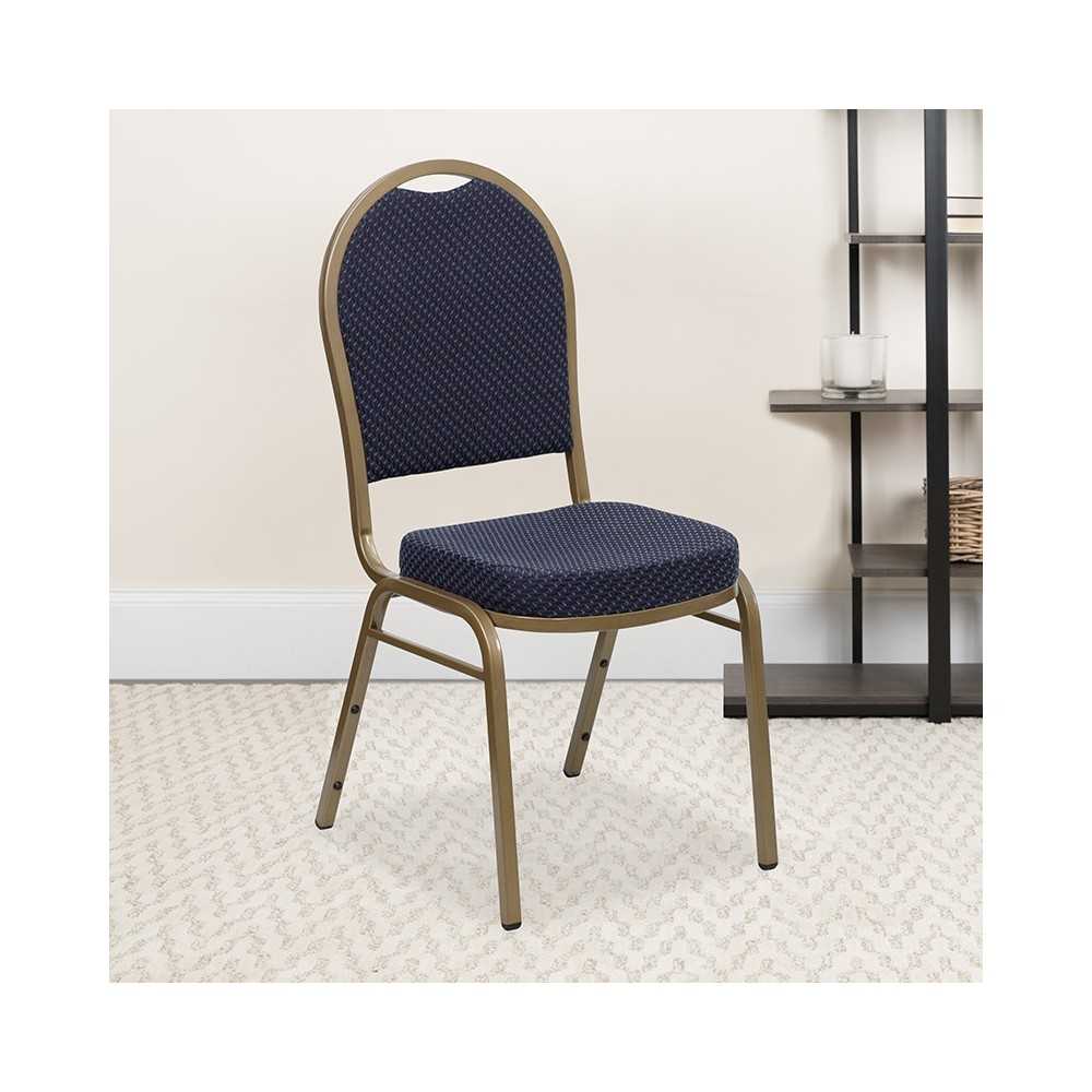 Dome Back Stacking Banquet Chair in Navy Patterned Fabric - Gold Frame