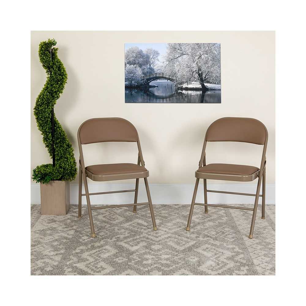 Double Braced Beige Vinyl Folding Chair