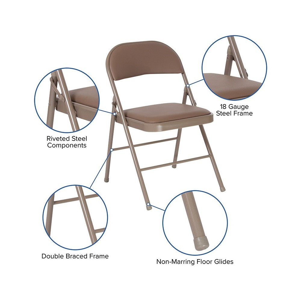Double Braced Beige Vinyl Folding Chair
