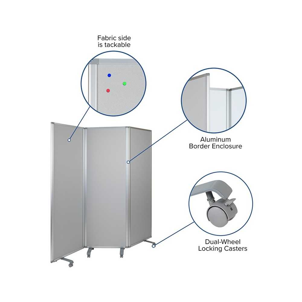 Double Sided Mobile Magnetic Whiteboard/Cloth Partition with Lockable Casters, 72"H x 24"W (3 sections included)
