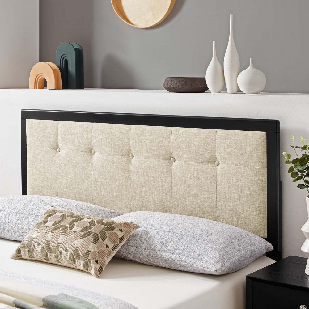 Draper Tufted King Fabric and Wood Headboard, Black Beige