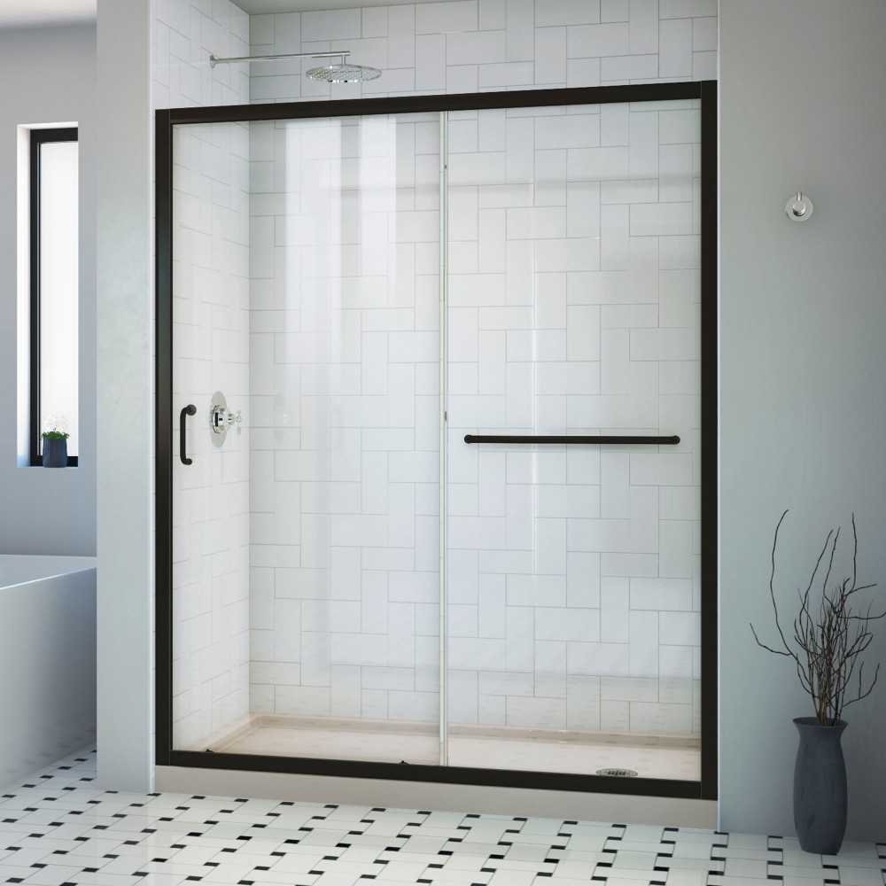 DreamLine Infinity-Z 36x60x74 3/4 Clear Sliding Shower Door in Satin Black, Right Drain Biscuit Base