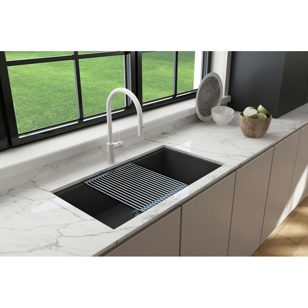 Dual-Mount 34 in. Granite Composite Kitchen Sink with Integrated Workstation, Matte Black
