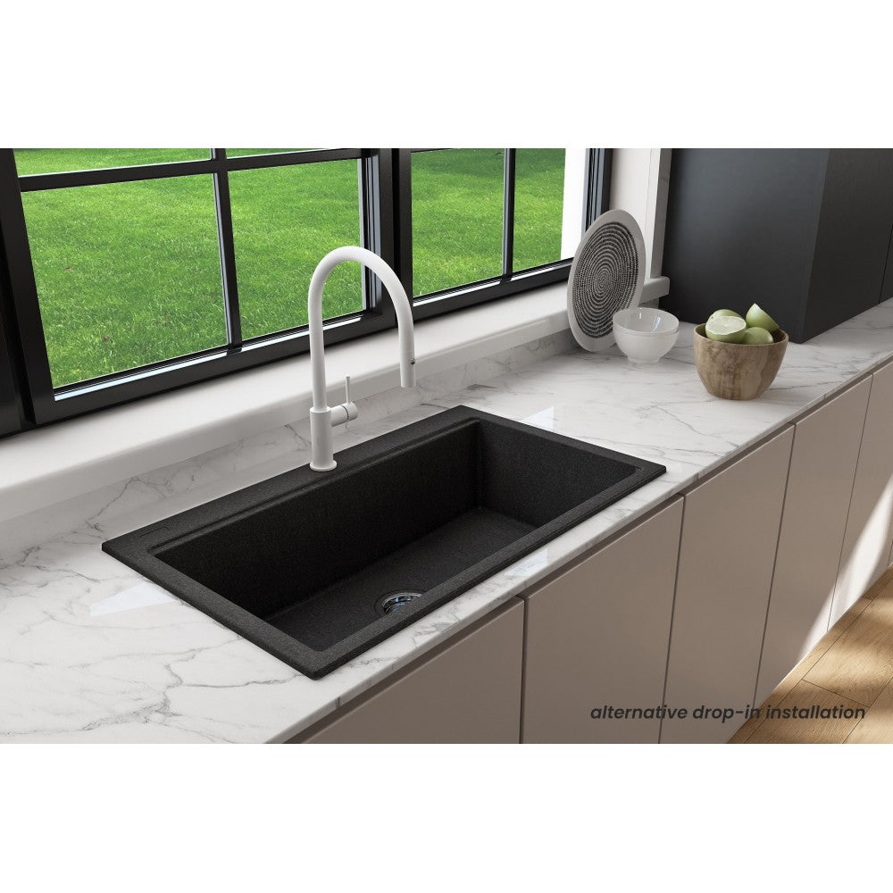 Dual-Mount 34 in. Granite Composite Kitchen Sink with Integrated Workstation, Metallic Black
