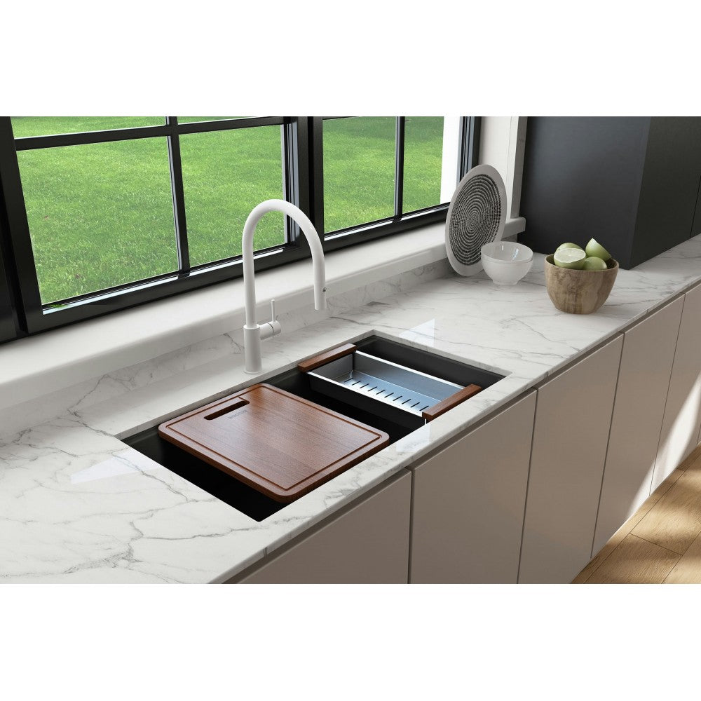 Dual-Mount 34 in. Granite Composite Kitchen Sink with Integrated Workstation, Matte Black