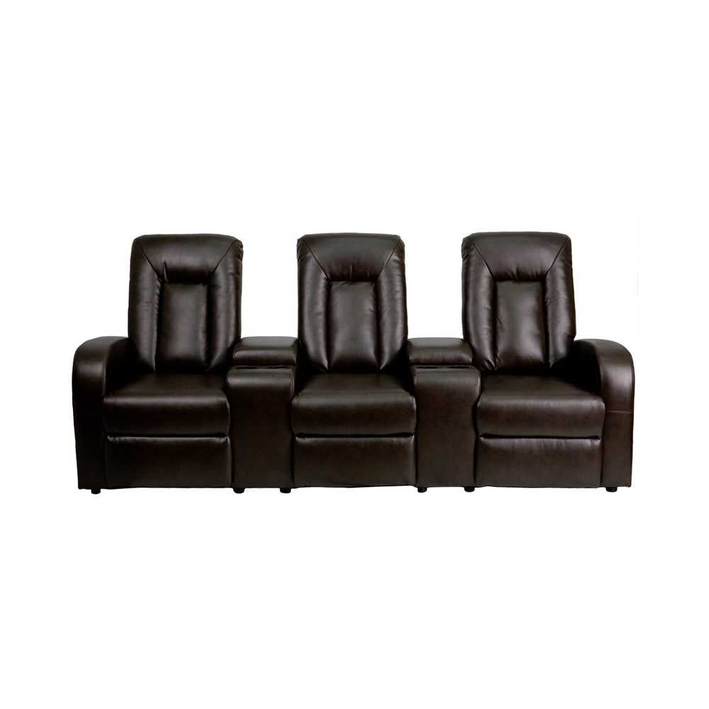 Eclipse Series 3-Seat Reclining Brown LeatherSoft Theater Seating Unit with Cup Holders